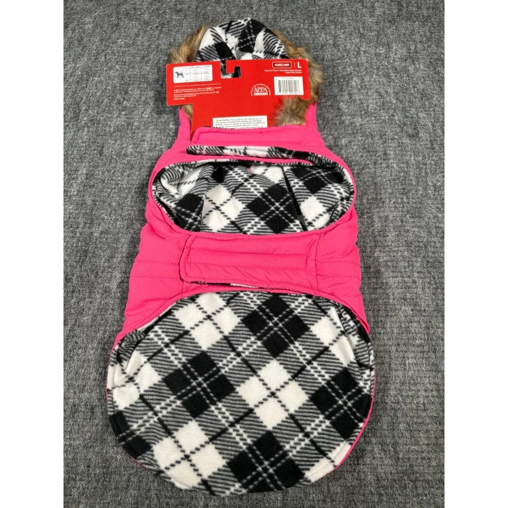 Coleman Drawcord Jacket Dog L Pink Fleece Lined Faux Fur Hood Plaid Trim Coat